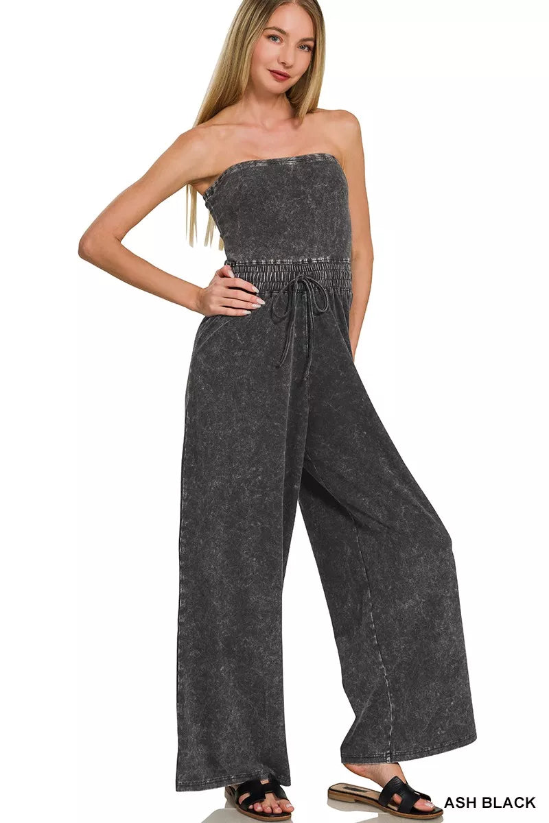 Zenana Acid Washed Strapless Tube Top Jumpsuit