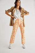 Free People Women Shes All That Plaid Crop High Waist Pants Orange Size 8