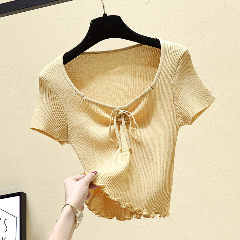 Korean Style Women's Bow Tie Short Sleeve Knit Top