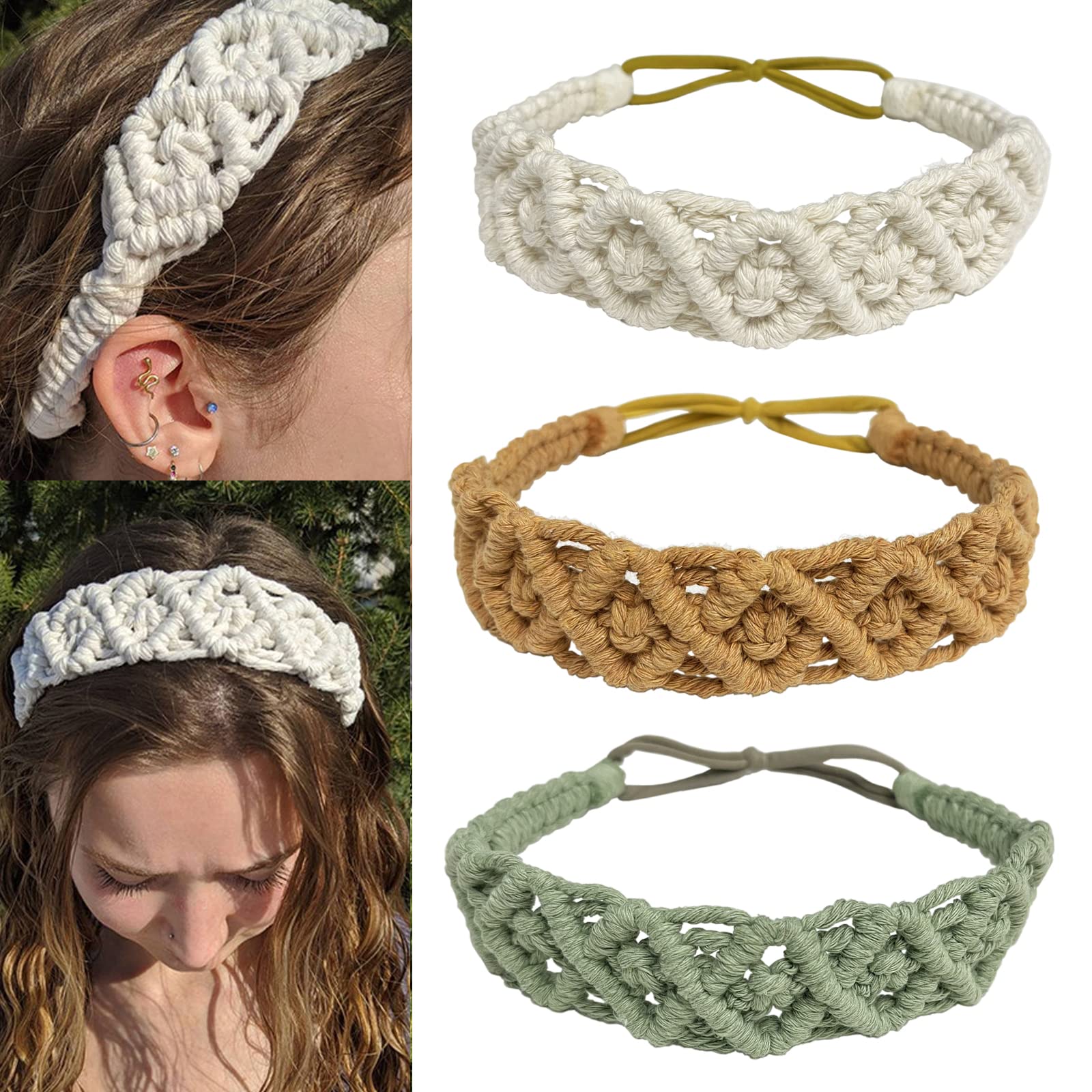 Hixixi 3PCS Handmade Knit Crochet Headbands Elastic No Slip Macrame Boho Hairband for Women Girls Wide Top Knot Turban Hair Bands