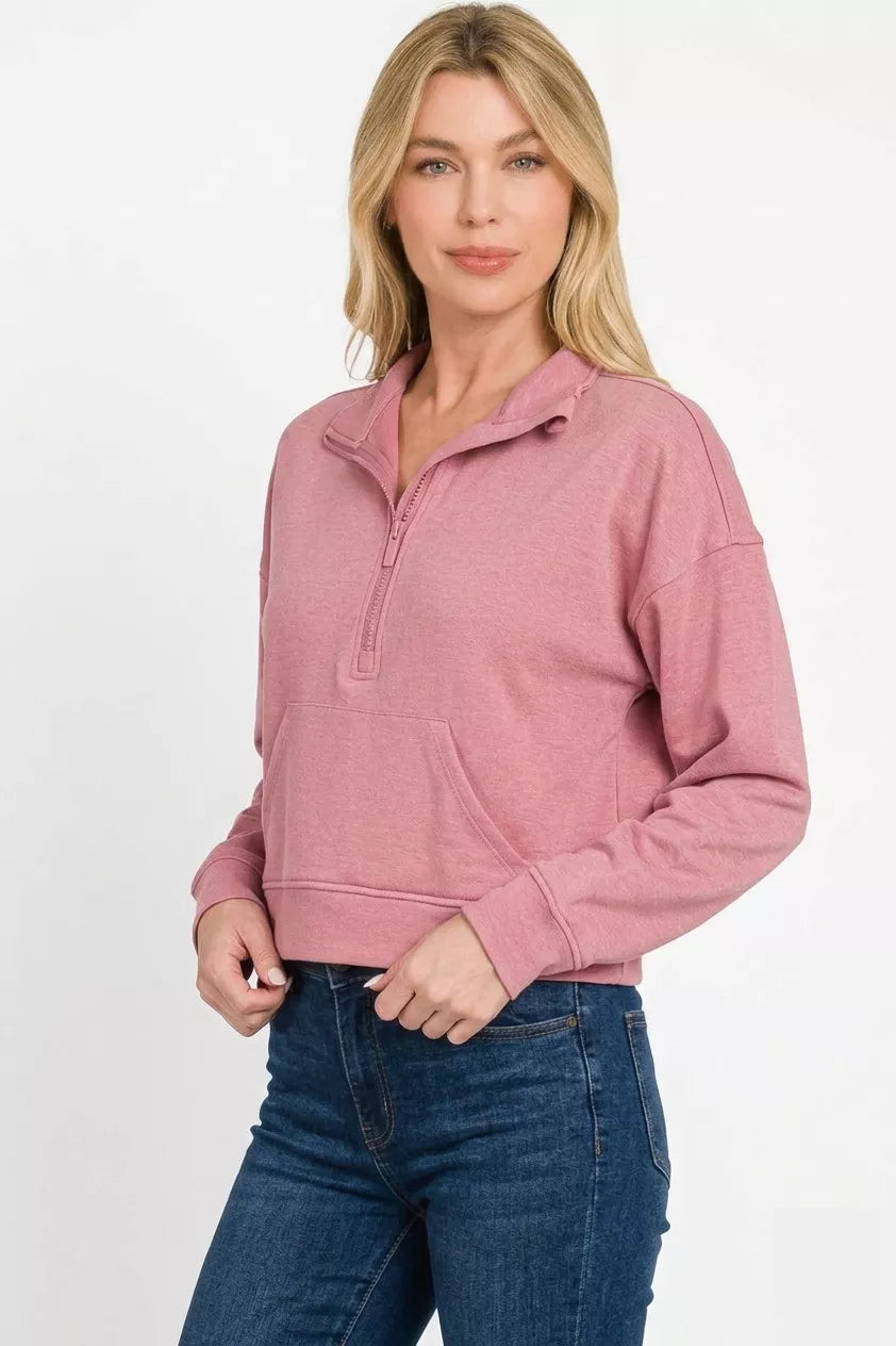 Zenana Scuba Half Zip Pullover With Kangaroo Pockets