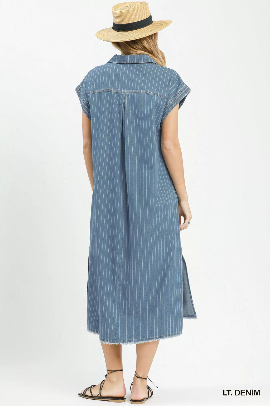 Umgee Pinstripe Denim Collared Midi Dress with Side Slits