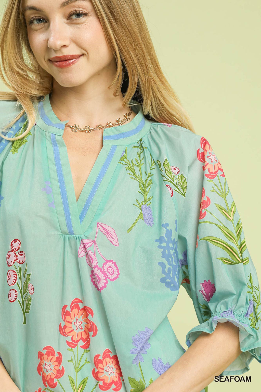 Umgee Floral Split Neck Puff Sleeve Top