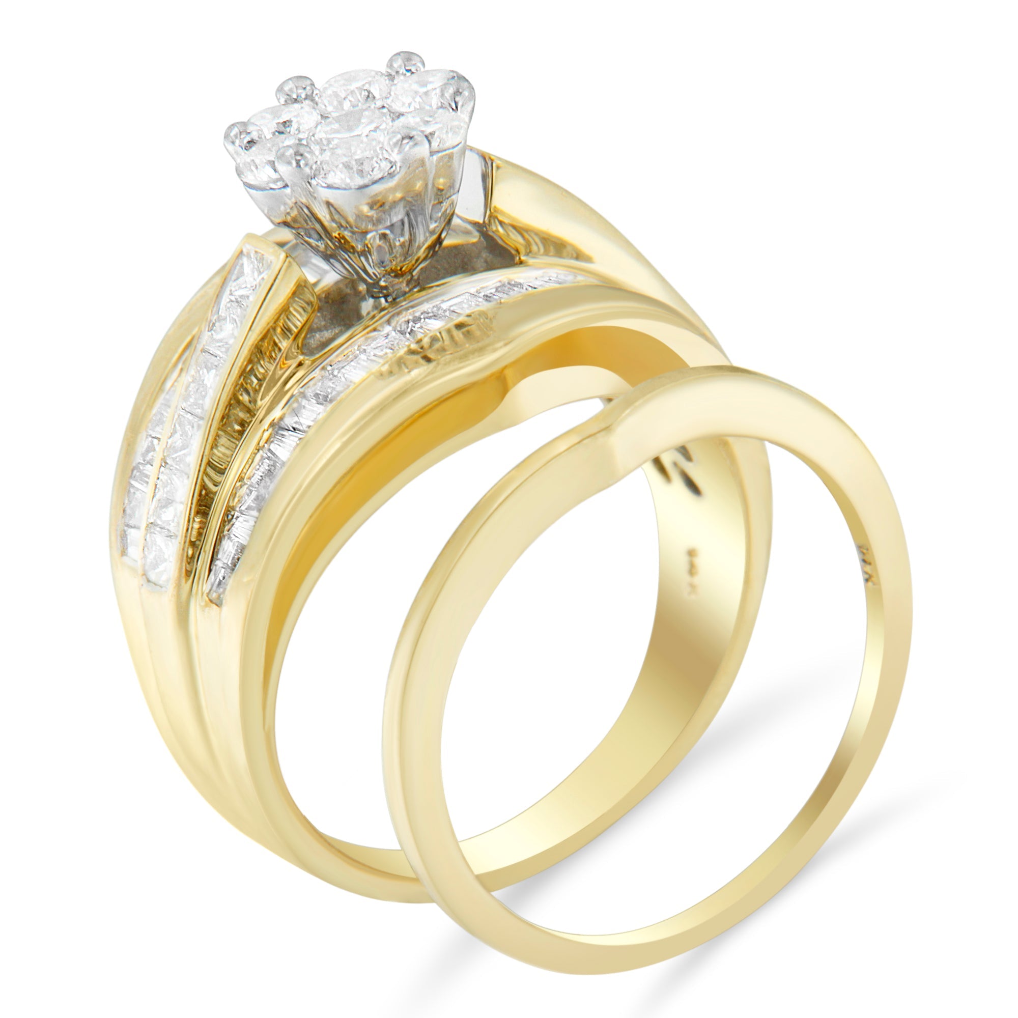 14K Yellow Gold 2-1/3 Cttw Diamond Cluster Channel Set Chevron Shaped Band Engagement Ring & Wedding Band Set