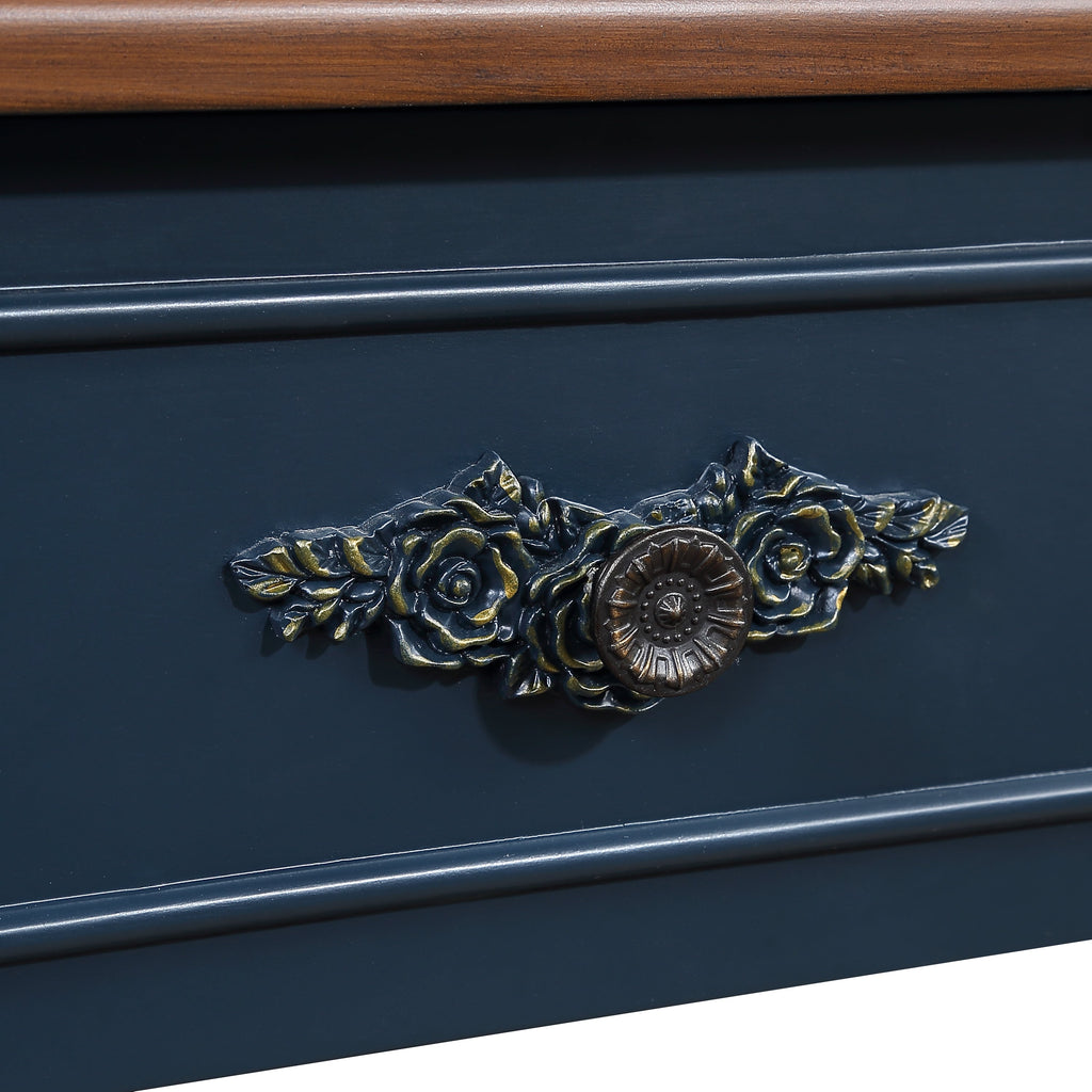 Retro Curved Wood Console Table, 52 inch Circular Half Moon Sofa Table with Open Shelf and 2 Drawers, Solid Wood Entry Table for Living Room, Hallway, Navy Blue + Brown Top