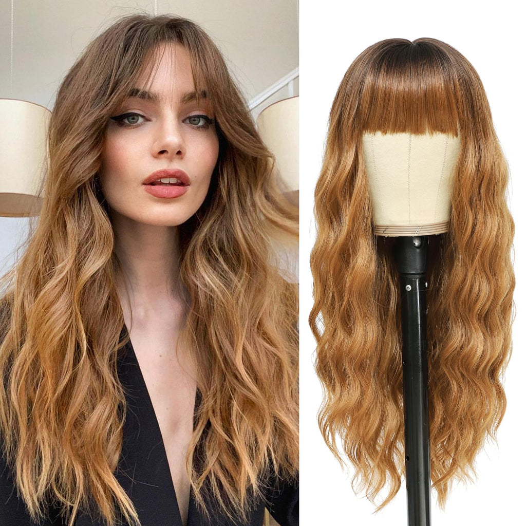 VERNA Strawberry Blonde Wig with Bangs 26 Inch Long Ombre Blonde Wigs for Women Natural Looking Strawberry Blonde Hair Wig Heat Resistant Blonde Wavy wig Middle Part Synthetic Wig for Daily Use