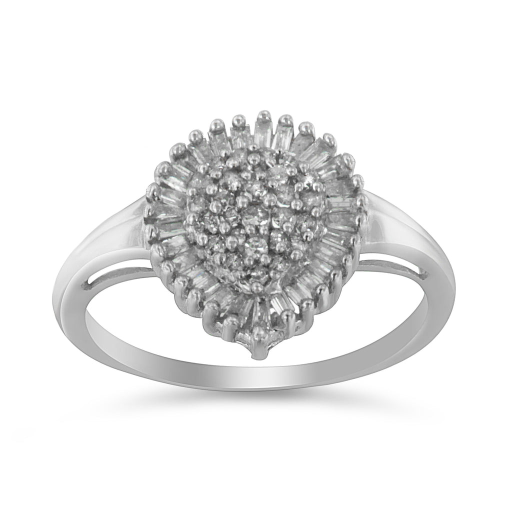 10K White Gold 1/2 Cttw Round & Baguette Cut Diamond Pear Shaped Domed PavÃ© Cluster with Halo Cocktail Ring (H-I Color, SI1-SI2 Clarity) - Size 5
