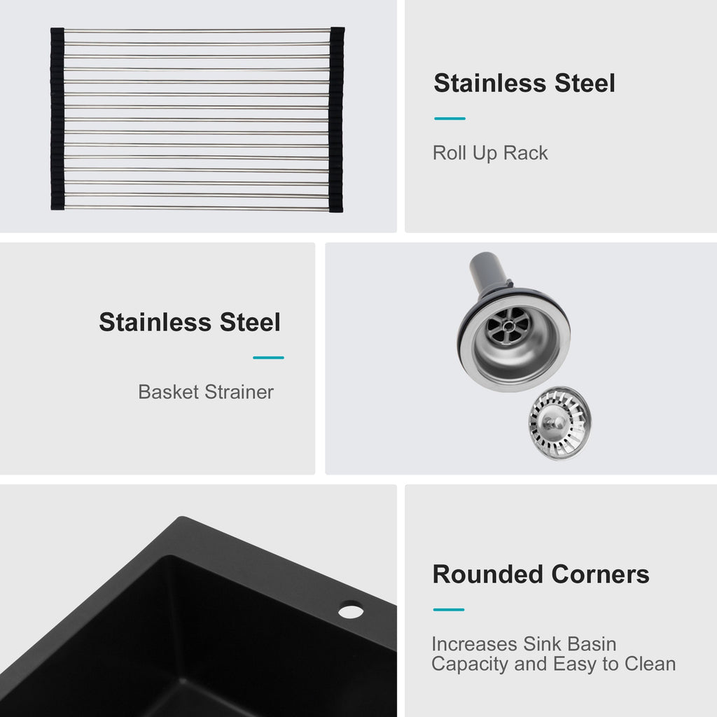Quartz Kitchen Sink - 25 x 22 Inch Black Granite Composite Drop-In Sink