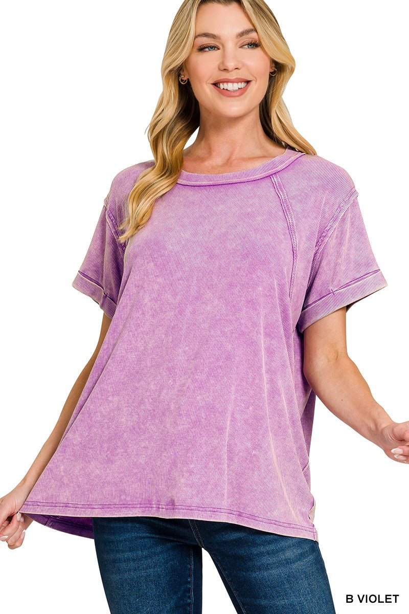 Zenana Washed Ribbed Cuffed Short Sleeve Round Neck Top