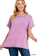 Zenana Washed Ribbed Cuffed Short Sleeve Round Neck Top