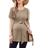 Ekouaer Maternity T Shirts Short Sleeve Pregnancy Clothes for Women Ribbed Knit Pregnant Tops Tees Brown XL
