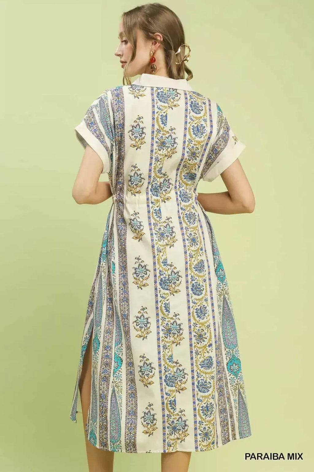 Umgee Vertical Print Tie Waist Midi Dress