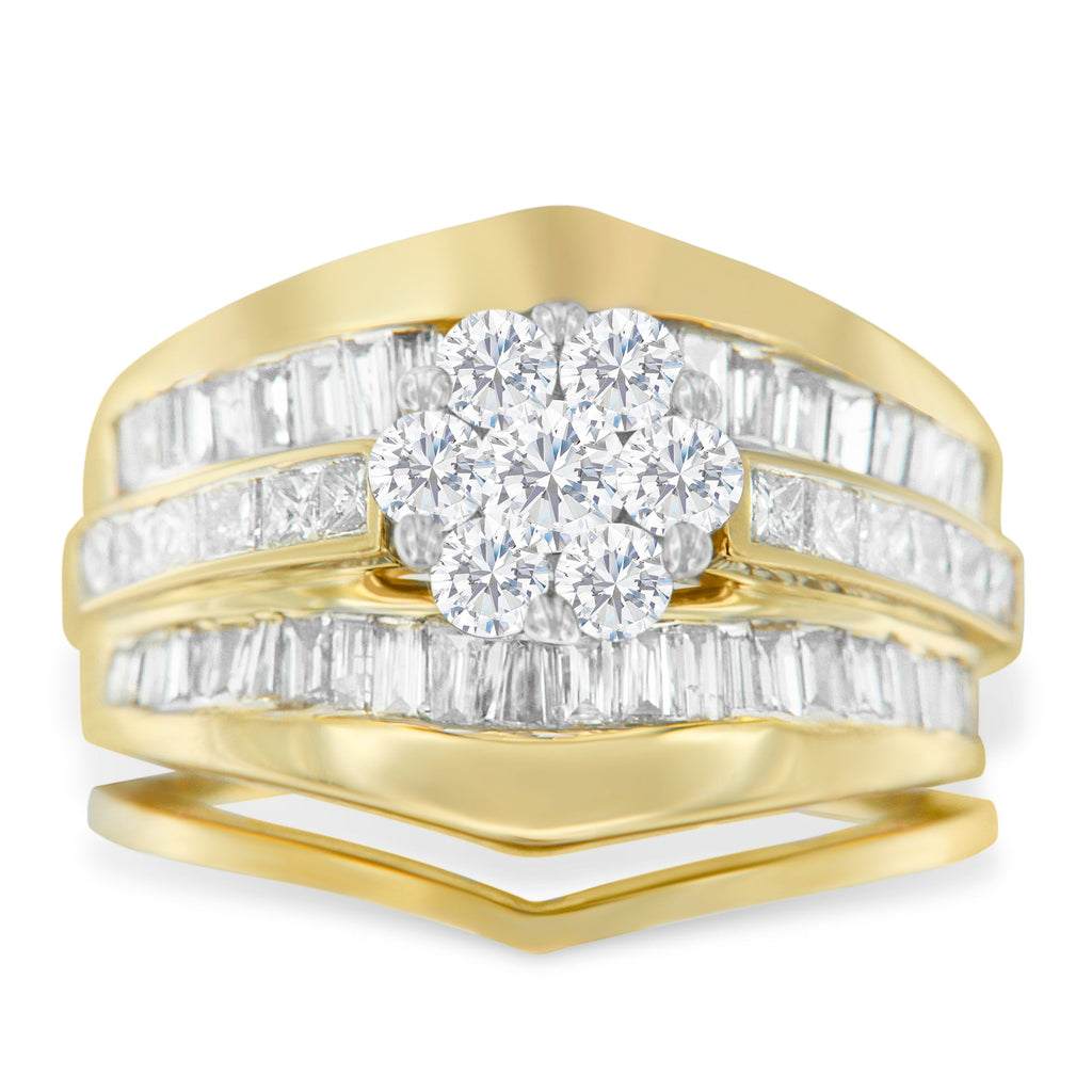 14K Yellow Gold 2-1/3 Cttw Diamond Cluster Channel Set Chevron Shaped Band Engagement Ring & Wedding Band Set