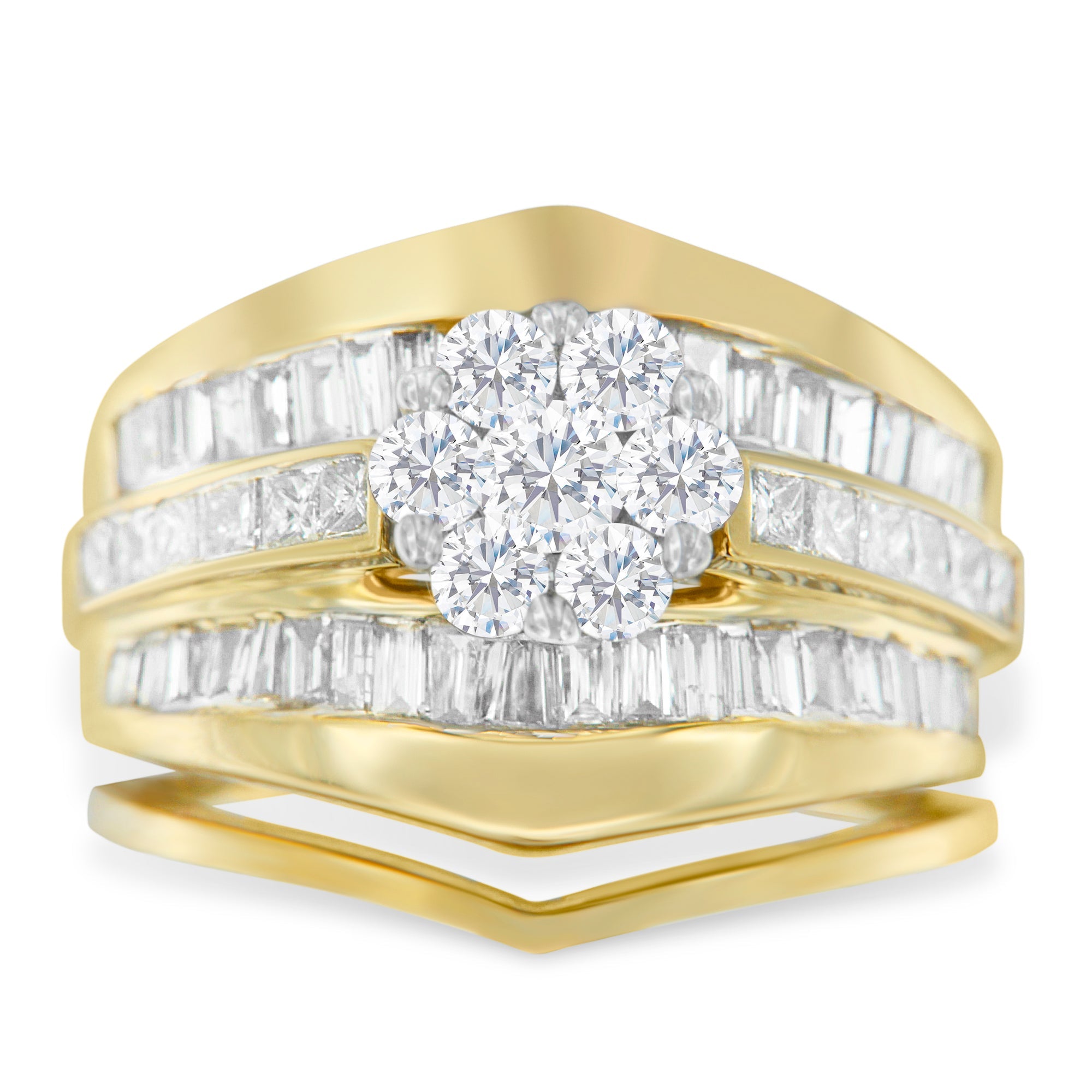 14K Yellow Gold 2-1/3 Cttw Diamond Cluster Channel Set Chevron Shaped Band Engagement Ring & Wedding Band Set