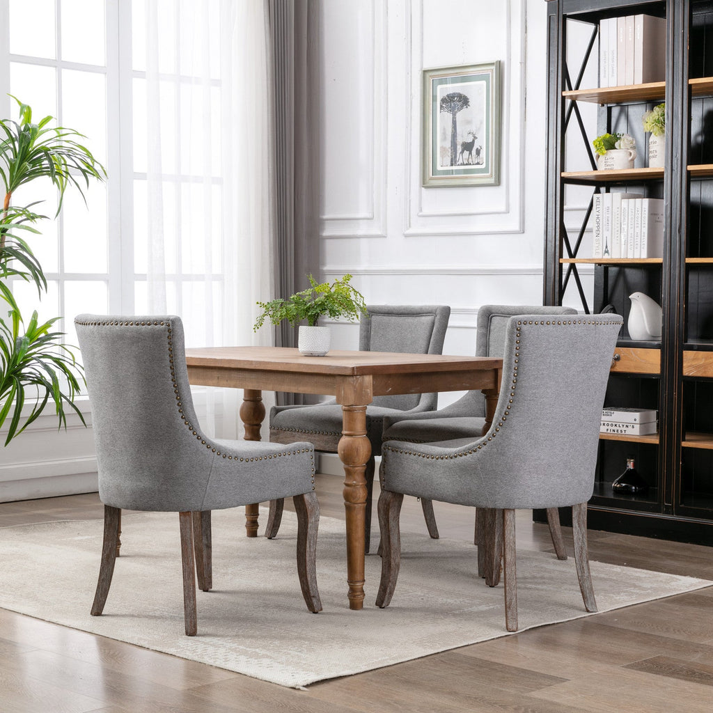 A&A Furniture Ultra Side Dining Chair with Thickened Fabric and Solid Wood Legs, Bronze Nail Head, Set of 2, Gray