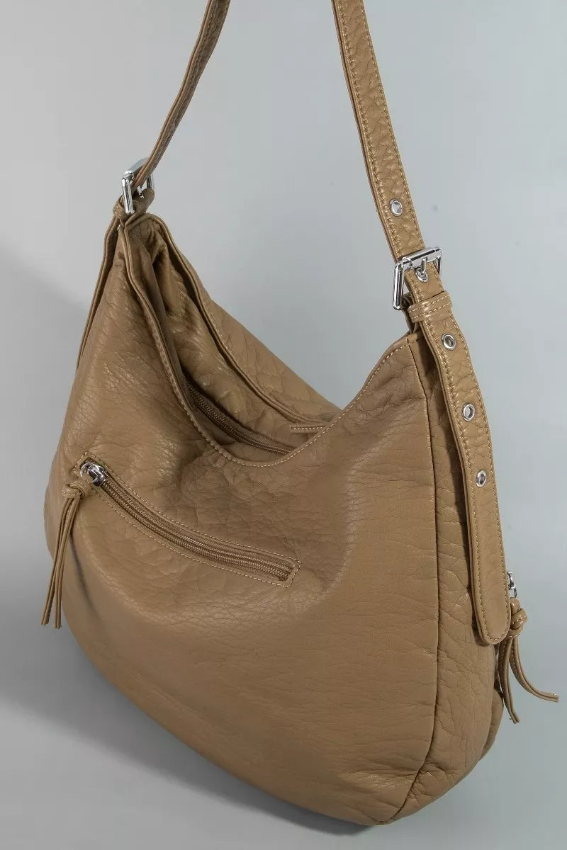 Fame Multi Zipper Pocket Leather Hobo Bag
