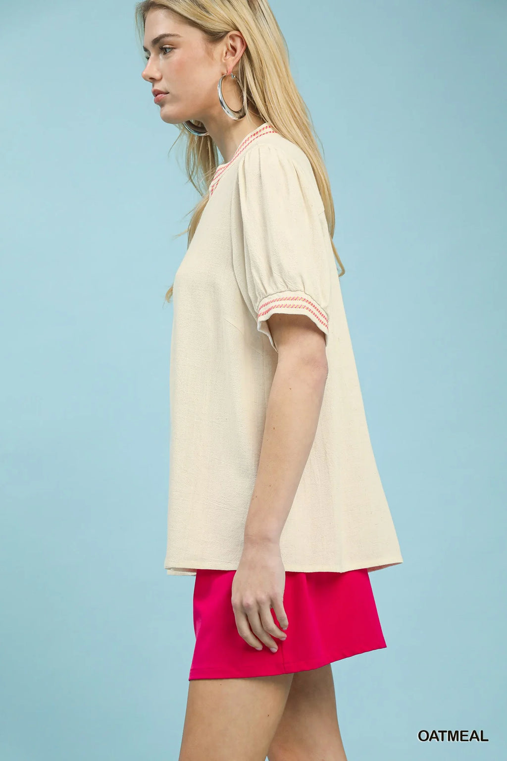 Umgee Embroidery Linen Puff Sleeve Blouse