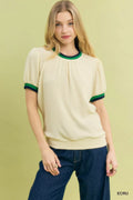 Umgee Puff Sleeve Knit Top with Contrast Rib Trim
