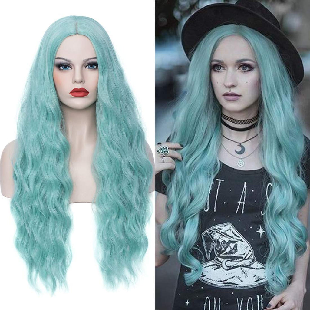 WGPFWIG Womens Mint Green Wig 27 Inches Long Curly Wavy Hair Wig Heat Resistant Fibers Synthetic Wig For Women Girl Cosplay Party Halloween Wig Cap Included (Mint Green-B)