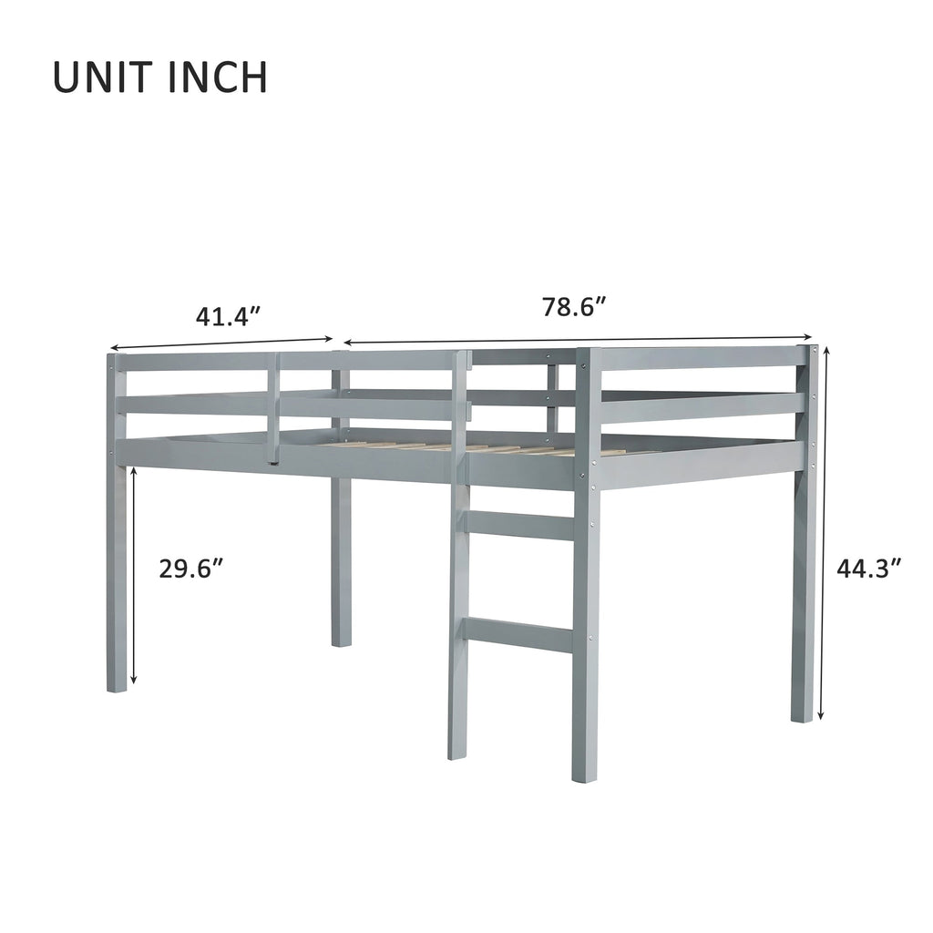 Solid Wooden, Rubber Wooden Twin Loft Bed with Ladder, Bed Platform of Strengthened Slats , Grey