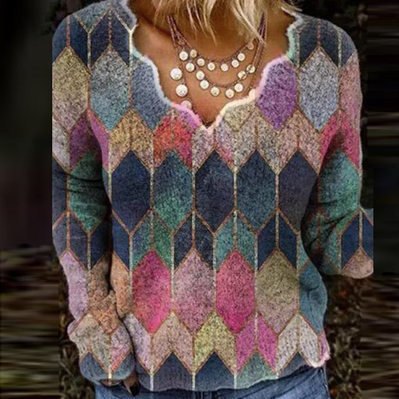 Printed Long Sleeve V-Neck Sweater for Women