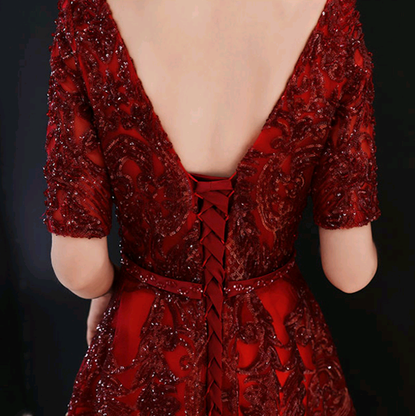 Bridal Toast Dress, New Red V-Neck Evening Gown