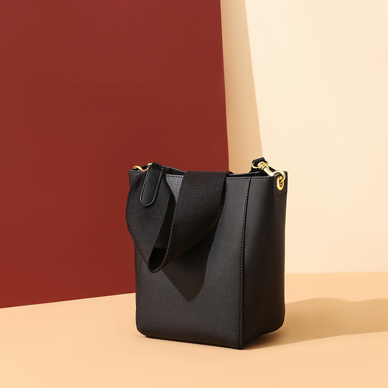 New Genuine Leather Bucket Bag with Wide Shoulder Strap
