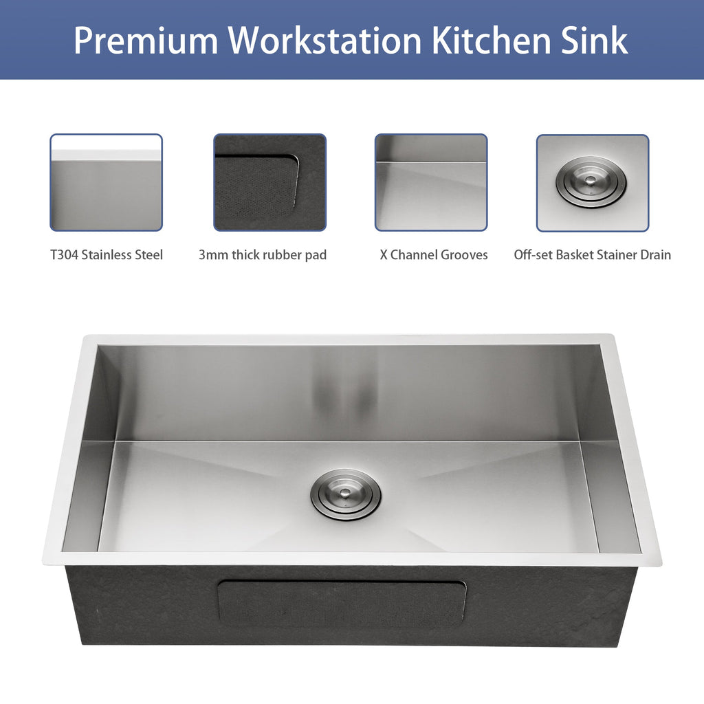 Modern Brushed Nickel 33 Inch Undermount Stainless Steel Kitchen Sink 16 Gauge, 9 Inch Deep Single Bowl