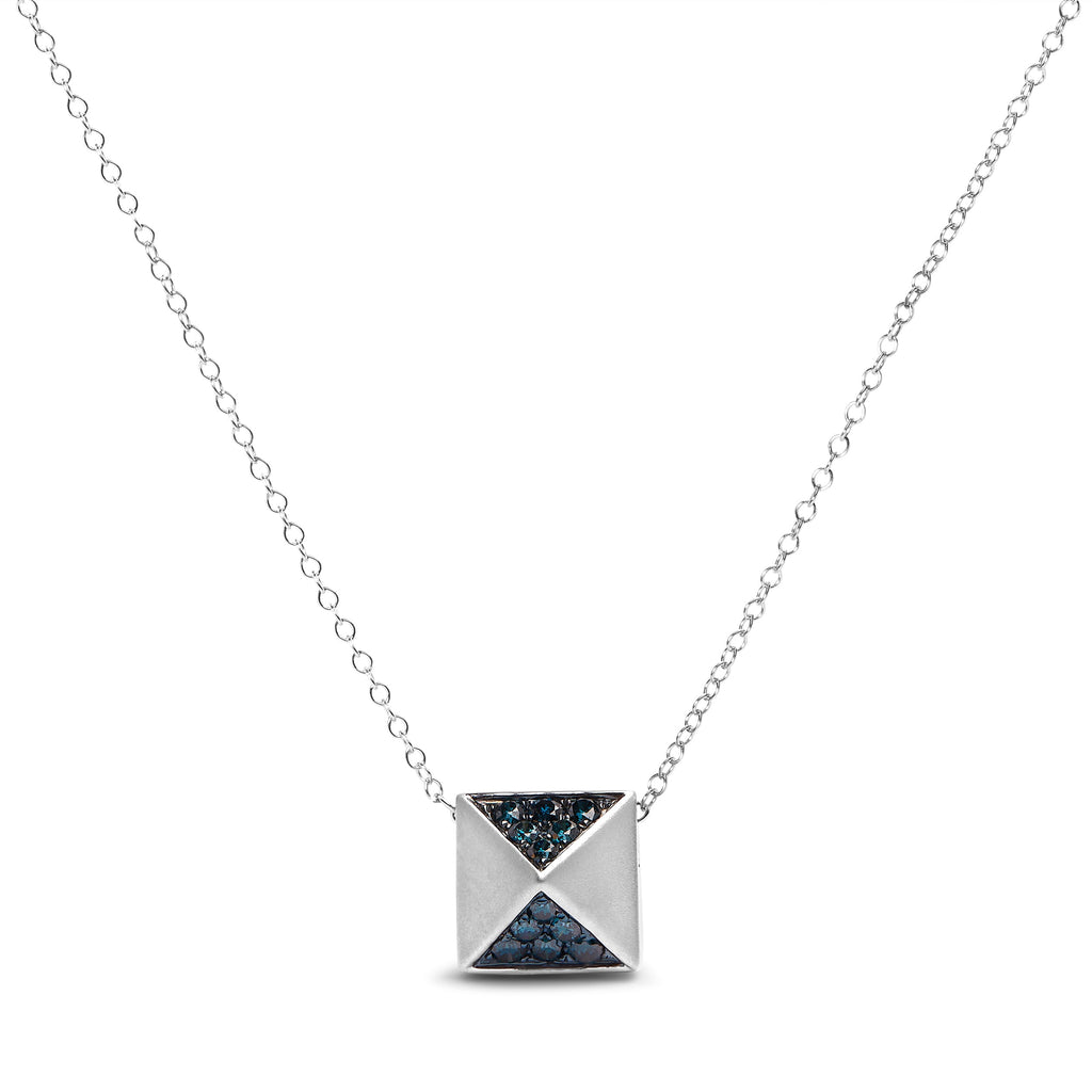 14K White Gold 1/4 Cttw Treated Blue Diamond Matte Finished Pyramid Pendant Necklace (Blue Color, SI1-SI2 Clarity) - 18" Inches