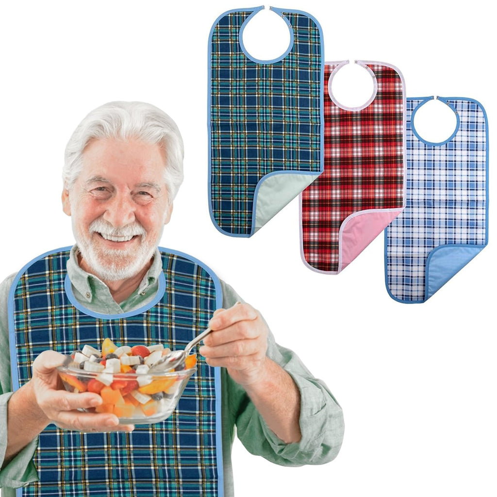 Adult Bibs 3-Pack Washable Waterproof Clothing Protector for Men Women Elderly Seniors - Reusable Large Feeding Bibs