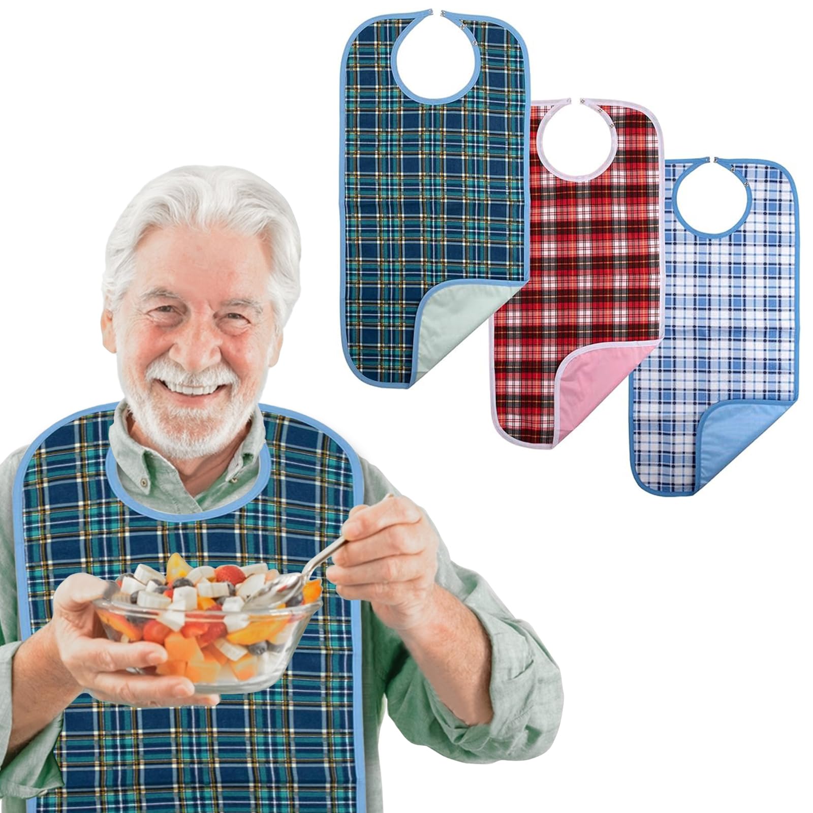 Adult Bibs 3-Pack Washable Waterproof Clothing Protector for Men Women Elderly Seniors - Reusable Large Feeding Bibs