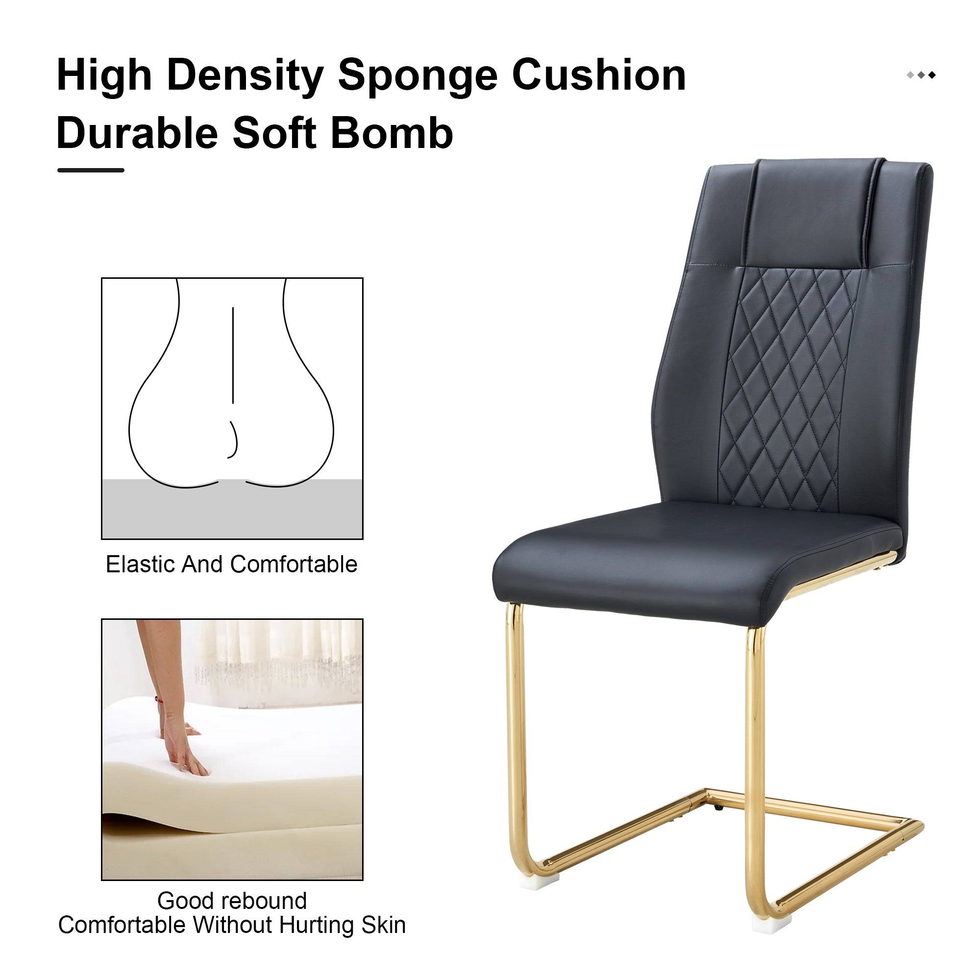 Modern dining chairs with faux leather padded seats, dining room chairs, gold metal leg upholstered chairs, suitable for kitchens, living rooms, bedrooms, and offices, set of 6 (black+PU leather)C-001