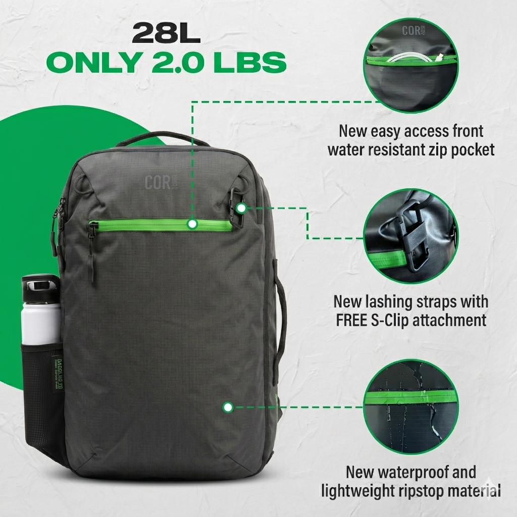 Island Hopper 2.0 Travel Backpack – New Matte Black | Lightweight Waterproof 28L & 34L