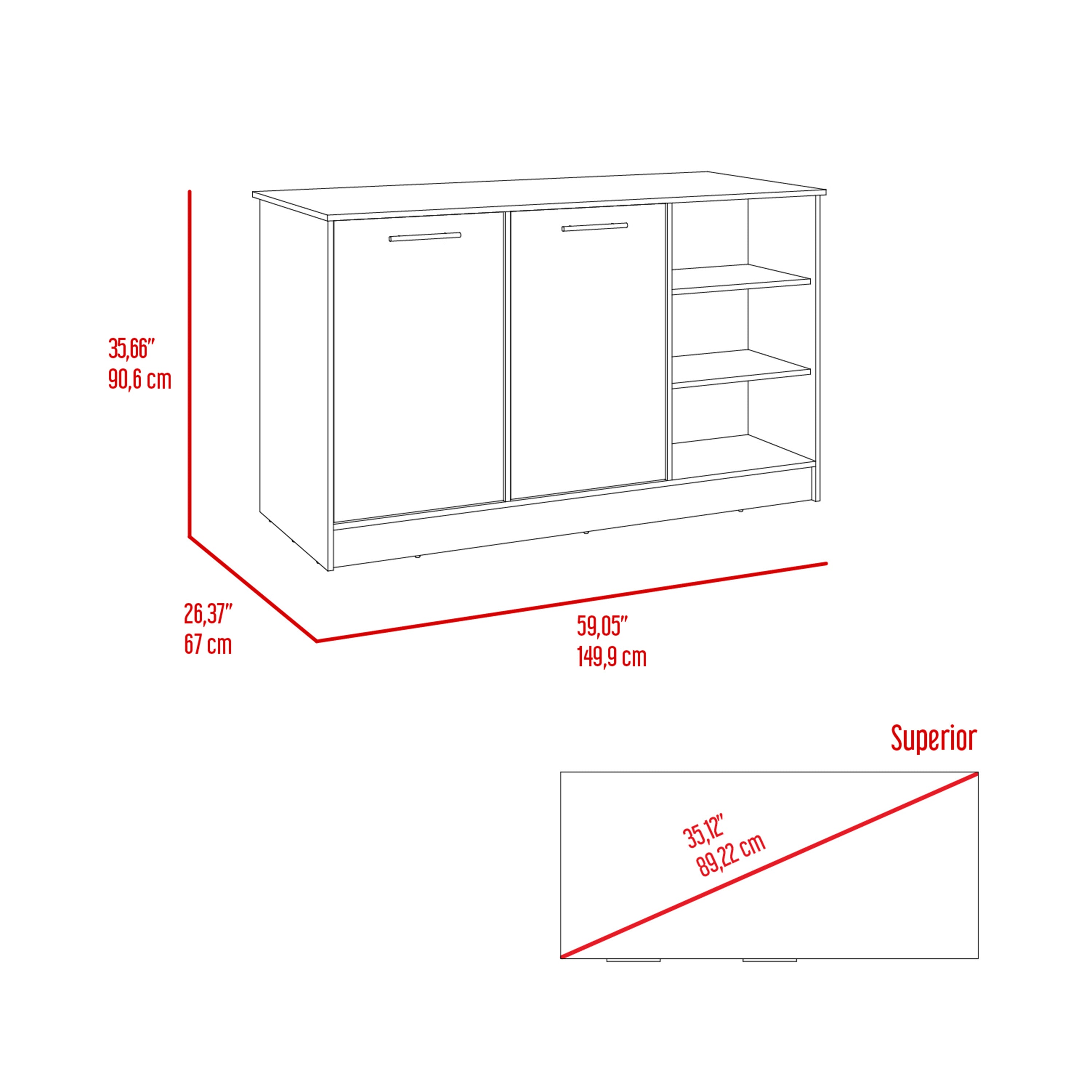 Kitchen Island Two Cabinets, Three Open Shelves, White / Dark Brown