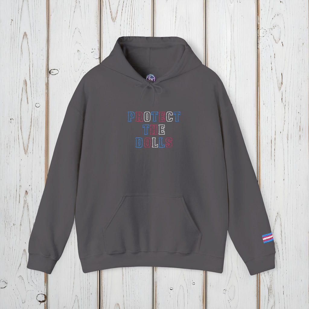 Bespattered Facade Protect the Dolls LGBTQ+ Pride Trans Support Embroidered Unisex Heavy Blend™ Hooded Sweatshirt
