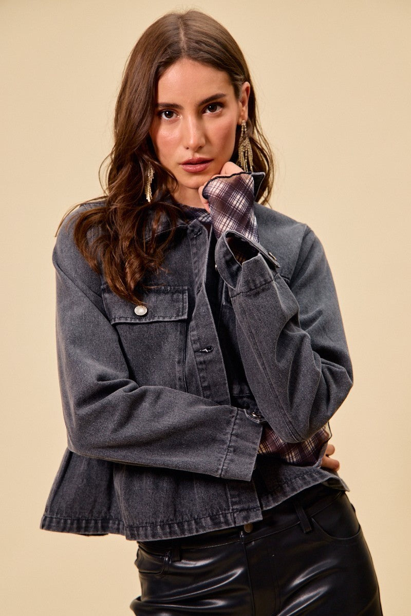 SO ME Denim Peplum Hem Front Button Jacket With Pockets