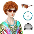 G&T Wig Red Orange Curly Wig for Costume Landlady Heat Resistant Ginger Wig For Women Cospaly Halloween Party (Wig + Glasses + Turquoise Necklace + Turquoise Earrings + Wig Cap)
