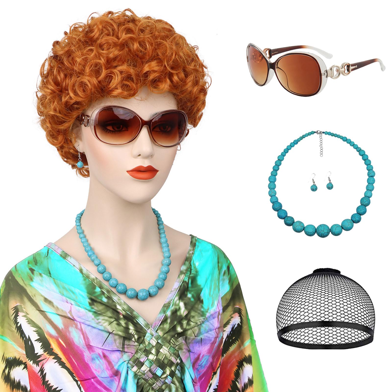 G&T Wig Red Orange Curly Wig for Costume Landlady Heat Resistant Ginger Wig For Women Cospaly Halloween Party (Wig + Glasses + Turquoise Necklace + Turquoise Earrings + Wig Cap)