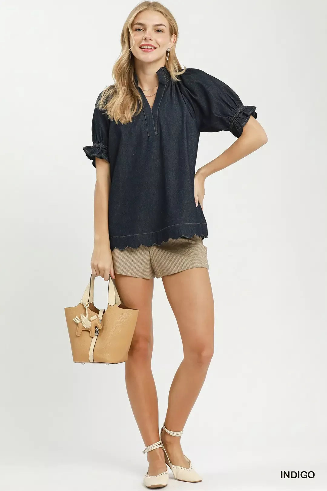 Umgee Chambray Puff Sleeve Scallop Hem Blouse