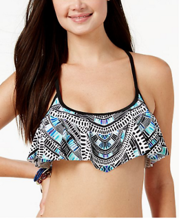 California Waves Juniors Sea Glass Strappy-Back Flounced Bikini Top, D/DD