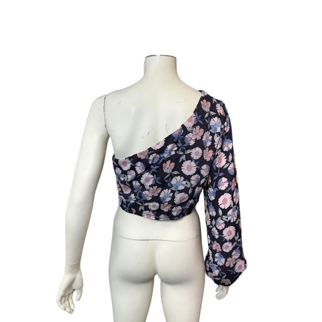 Lulus Boundless Beauty Black Floral Print One-Shoulder Crop Top, Size Large