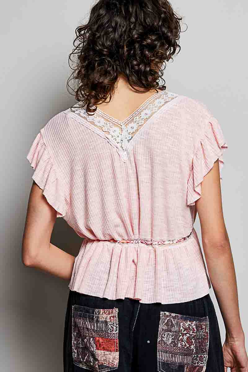 POL Tied Ruffled V-Neck Short Sleeve Blouse with Lace Detail