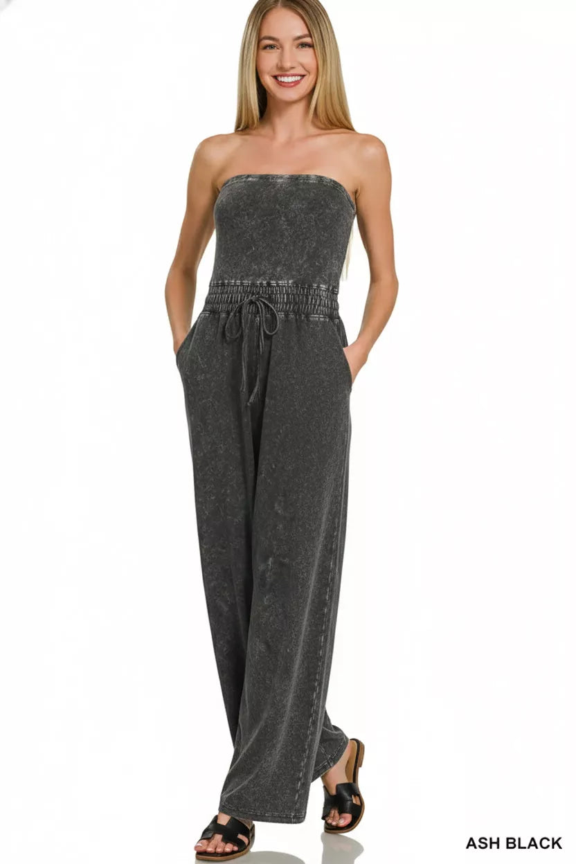 Zenana Acid Washed Strapless Tube Top Jumpsuit