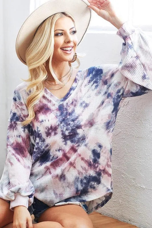 BiBi Tie-Dye V-Neck Long Sleeve Waffle Top