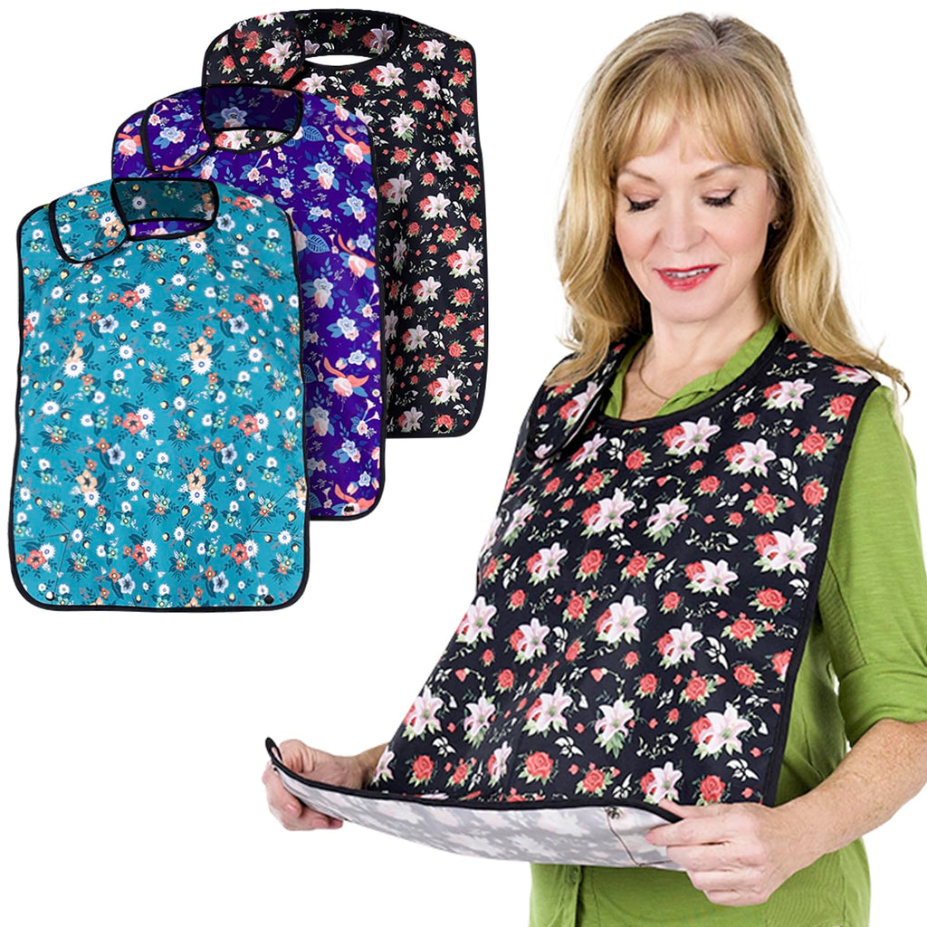 Vive Adult Bibs for Women Men (3-pack) - Adjustable Bibs for Elderly Senior - Premium Waterproof Bib for Eating - Machine Washable Clothing Protector With Cumb Catcher Folding Pocket (Floral)