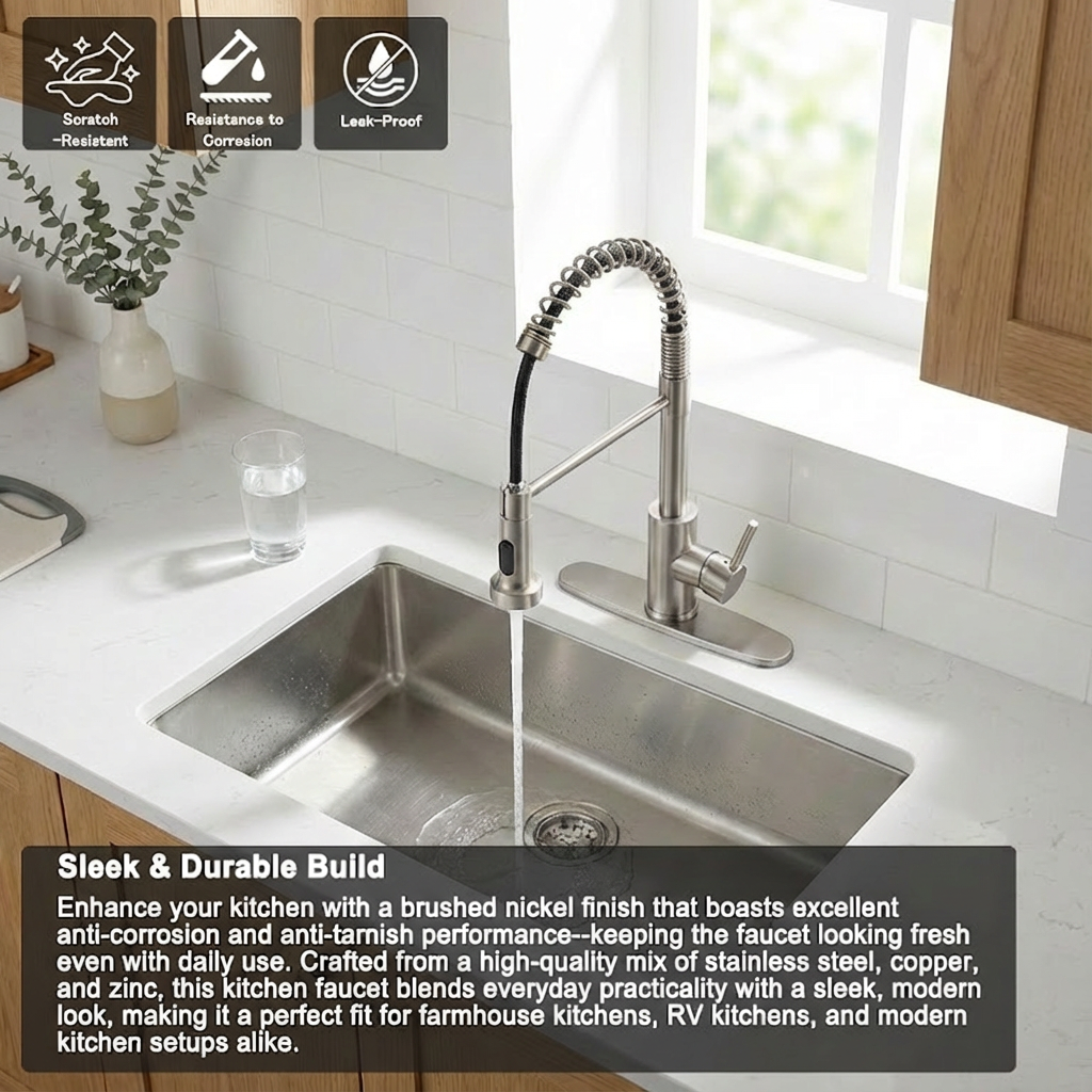 Kitchen Faucet with Pull Down Sprayer Industrial 1 Handle 1 Hole Or 3 Hole Faucet for Farmhouse Camper Laundry Utility Rv Wet Bar Sinks, Stainless Steel, Brushed Nickel