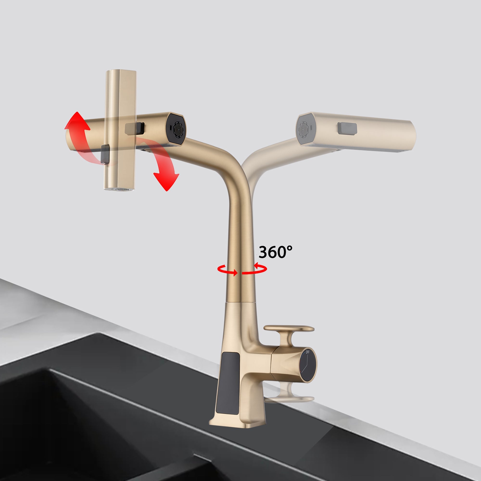 Brushed Gold Waterfall Kitchen Faucet with Temperature Display and Pull Down Sprayer