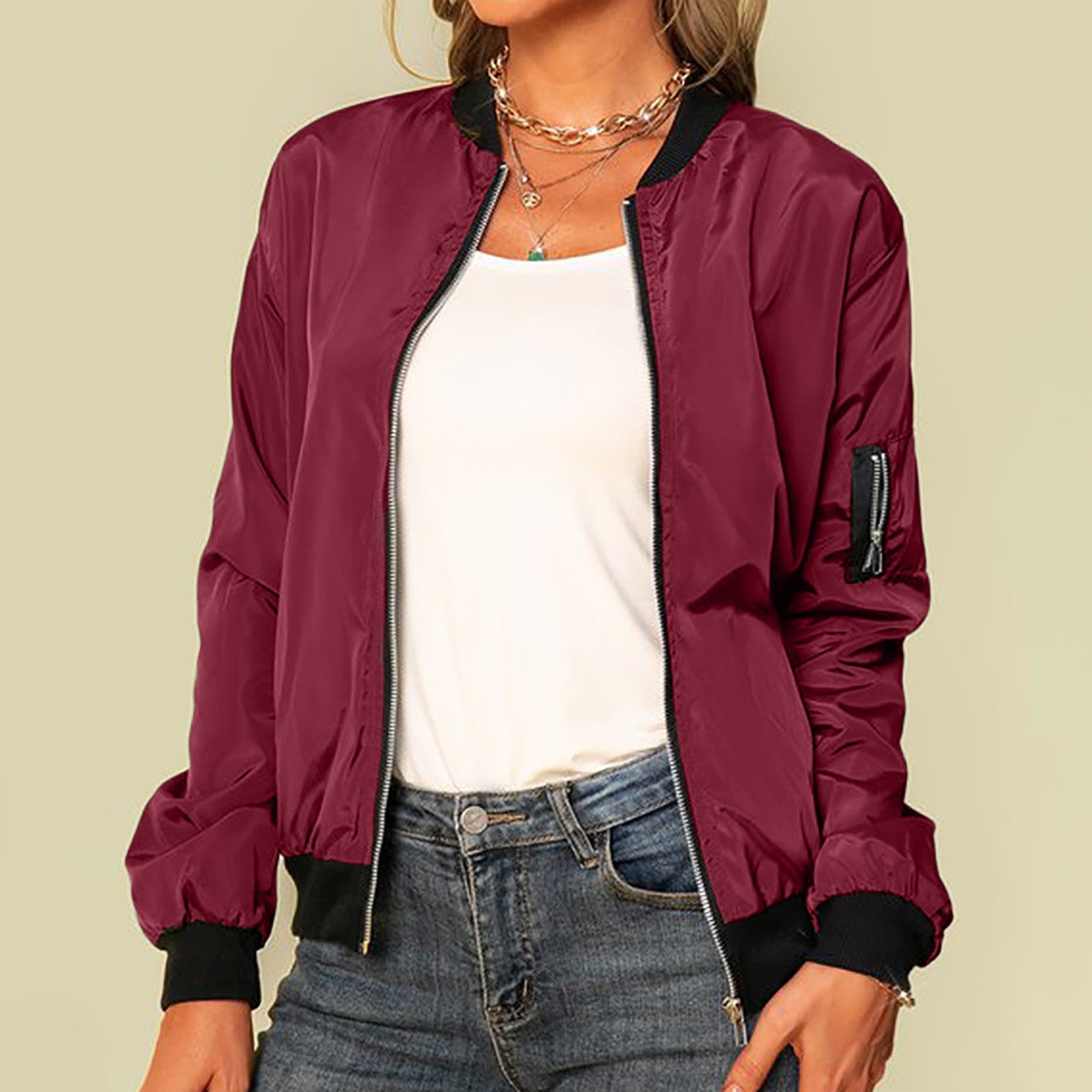 Fashionable Women's Solid Color Bomber Jacket for Casual Wear