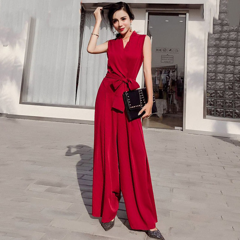 Chicever Women's V-Neck Wide-Leg Jumpsuit with Bow