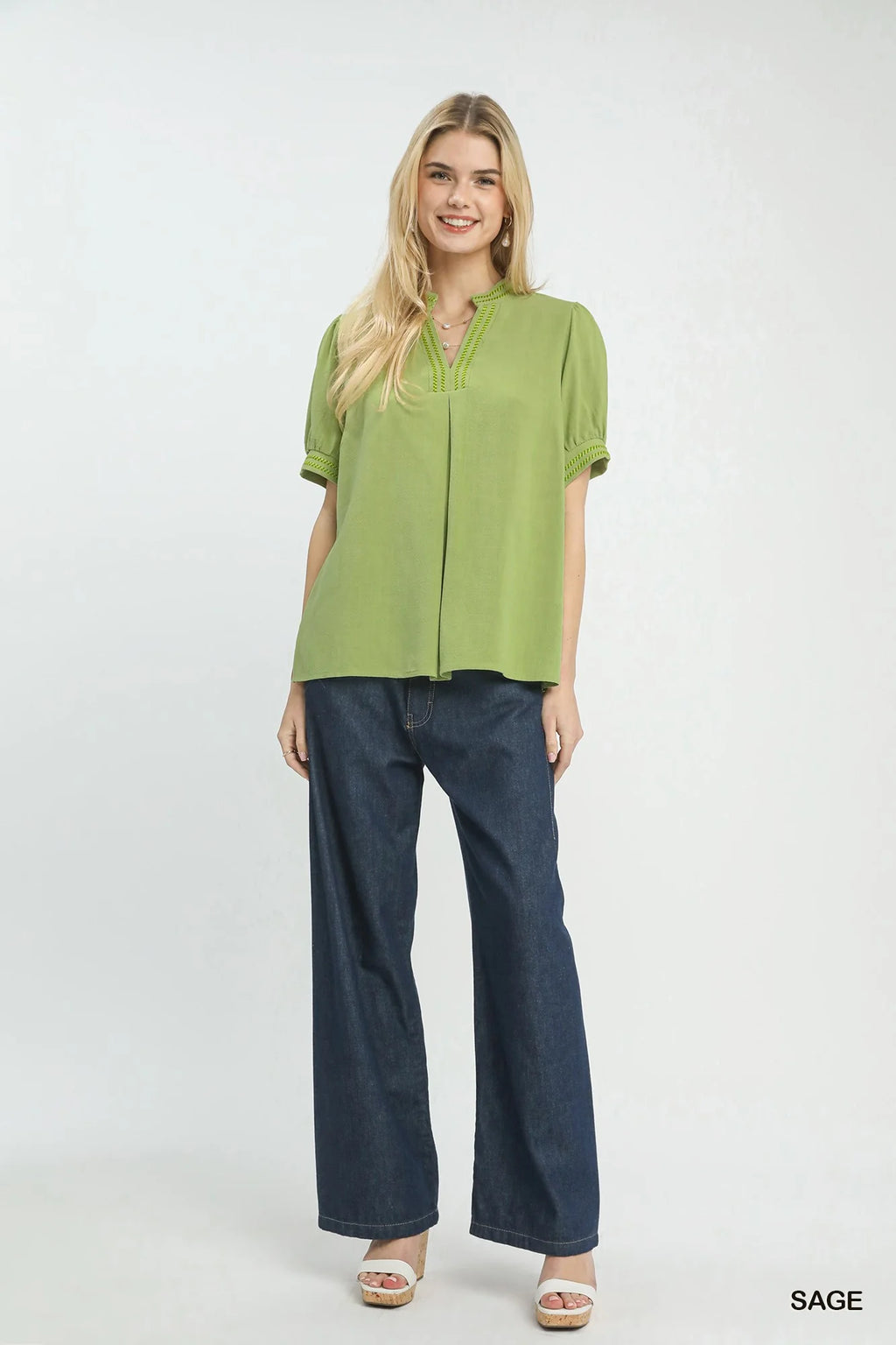 Umgee Embroidery Linen Puff Sleeve Blouse